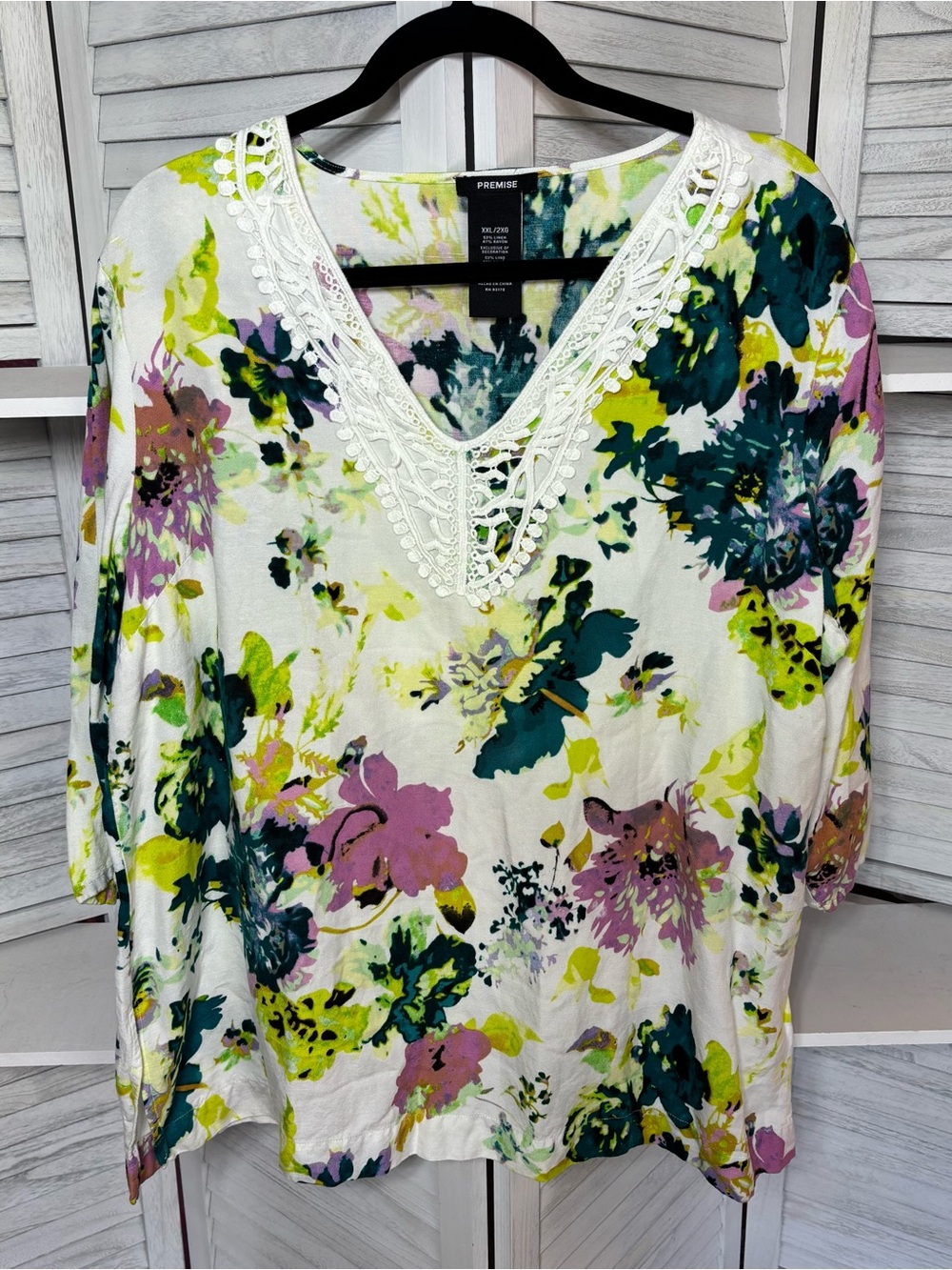 Premise Floral Linen Blend Crochet Trim Top Women’s XXL 2X